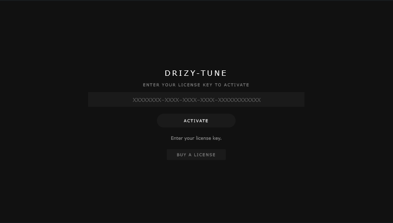 Pantalla de activación de Drizy-Tune